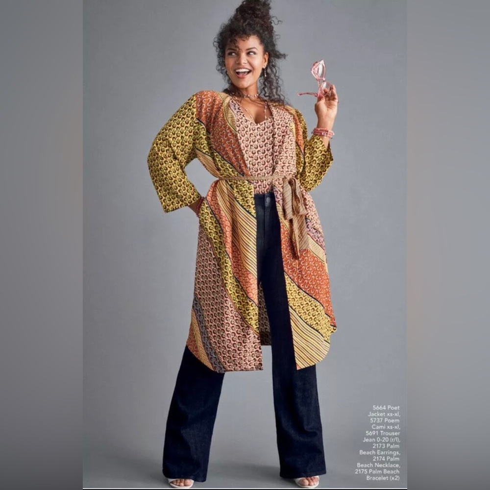 CAbi Poet Jacket #5664 Pockets belt Tie boho Mixed Media Patchwork Robe